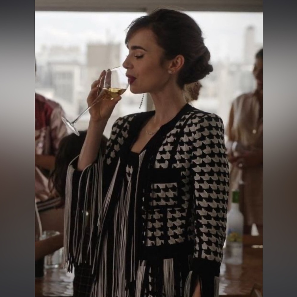 Lily Collins Houndstooth Jacket Emily Cooper Emily In Paris Season 3